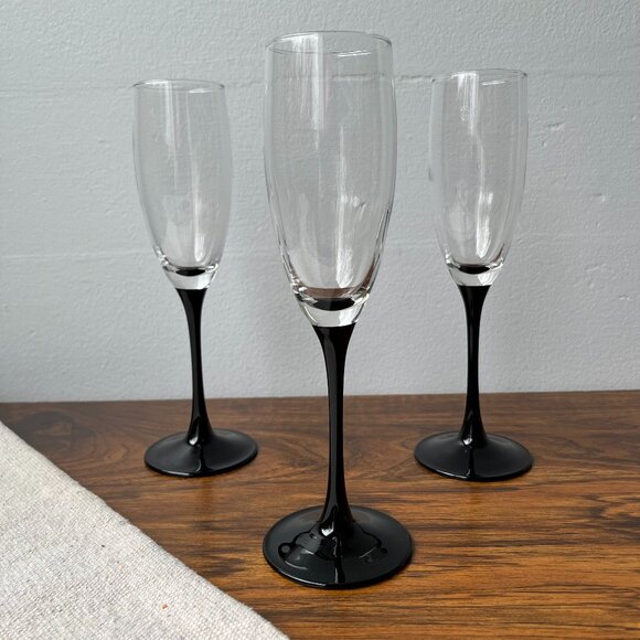 Luminarc Black Stem 3 Champagne Flute Wine Glasses 8.5" - Picture 1 of 12